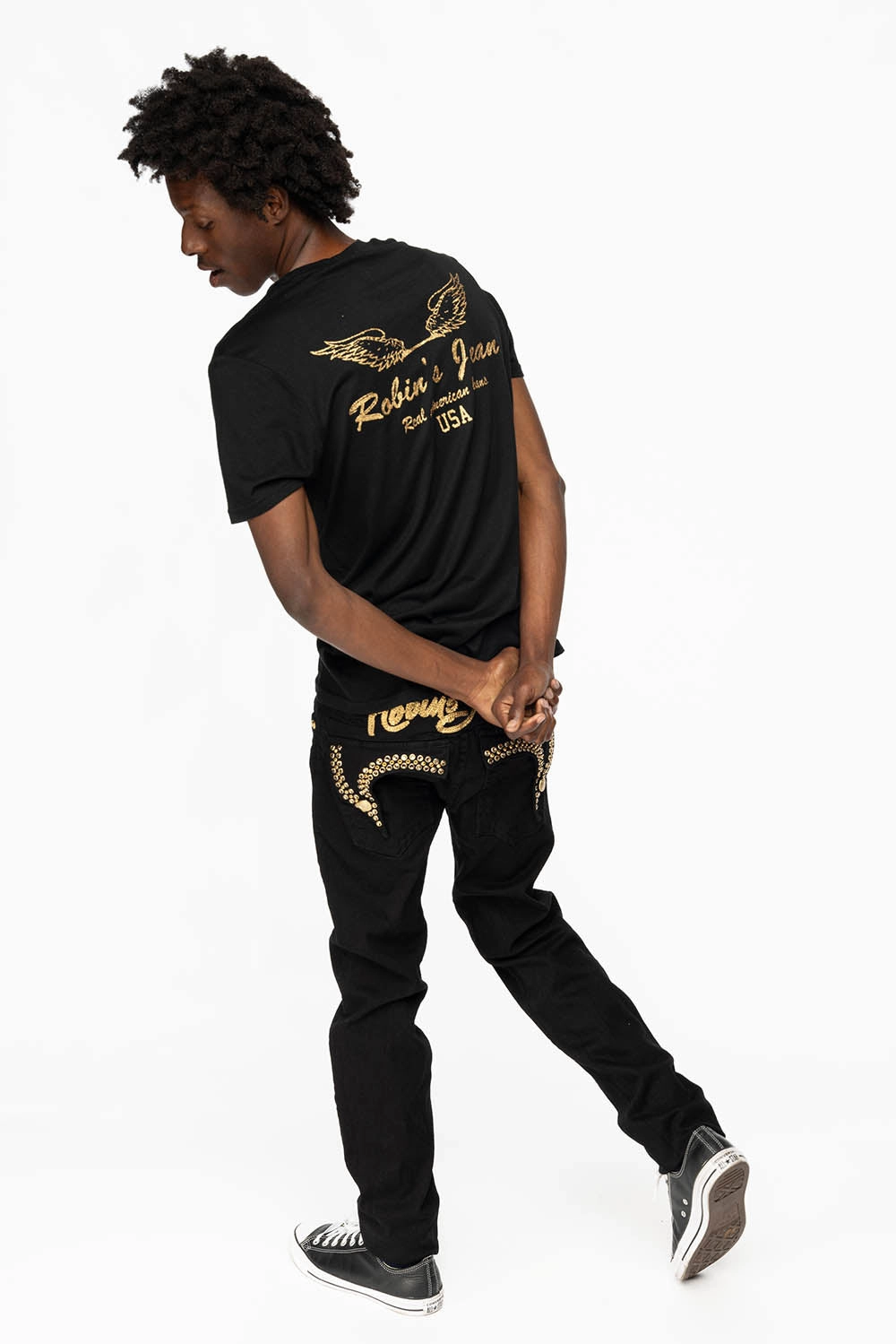 Couple Look Modern KILLER FLAP MENS SKINNY JEANS IN PURE BLACK WITH GOLD ROBIN??S LOGO AND GOLD AURUM CRYSTALS