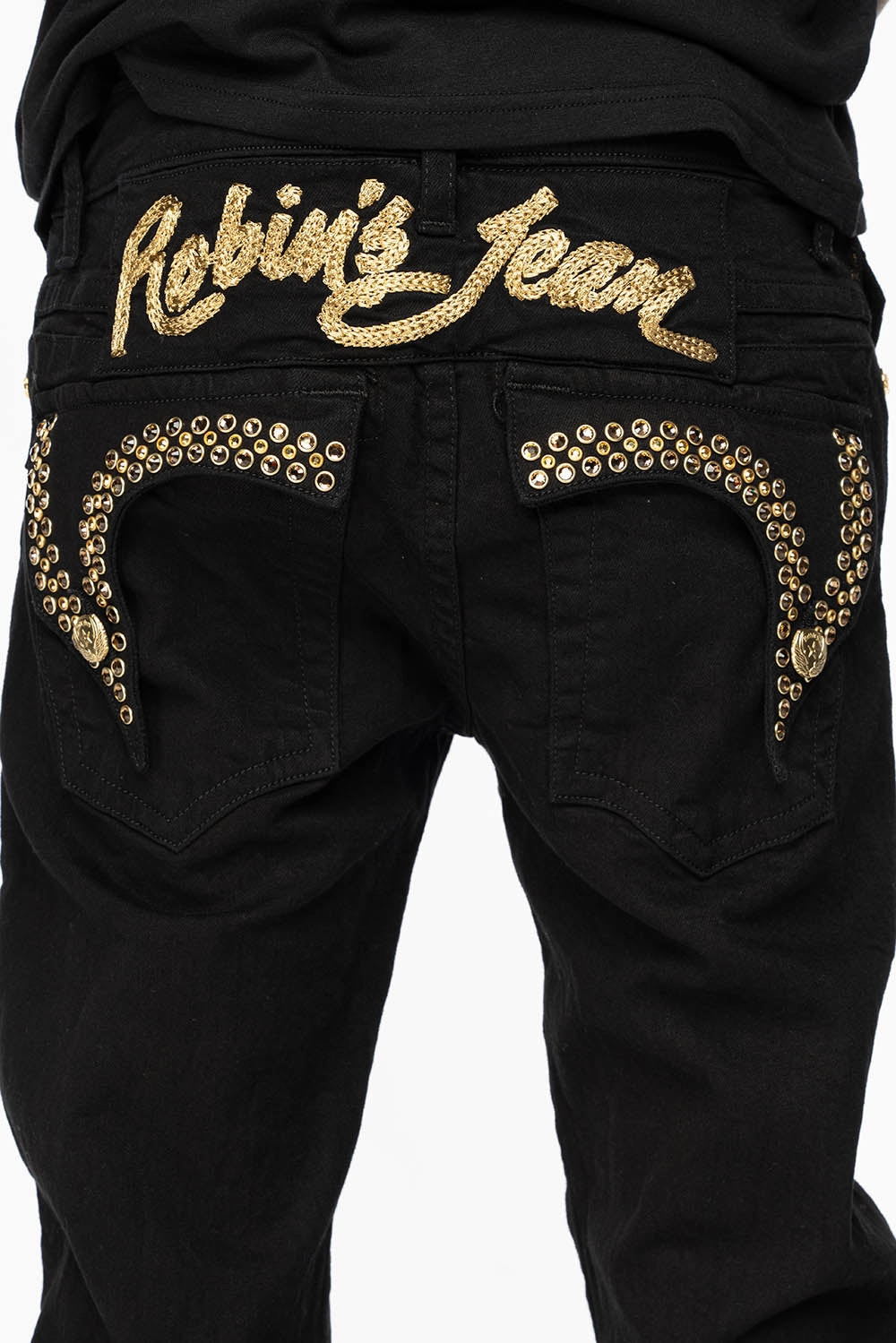 KILLER FLAP MENS SKINNY JEANS IN PURE BLACK WITH GOLD ROBIN??S LOGO AND GOLD AURUM CRYSTALS Relaxed Fit