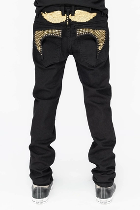 KILLER FLAP MENS SKINNY JEANS IN PURE BLACK WITH GOLD WINGS AND FULL CRYSTAL All Around Distressed Details