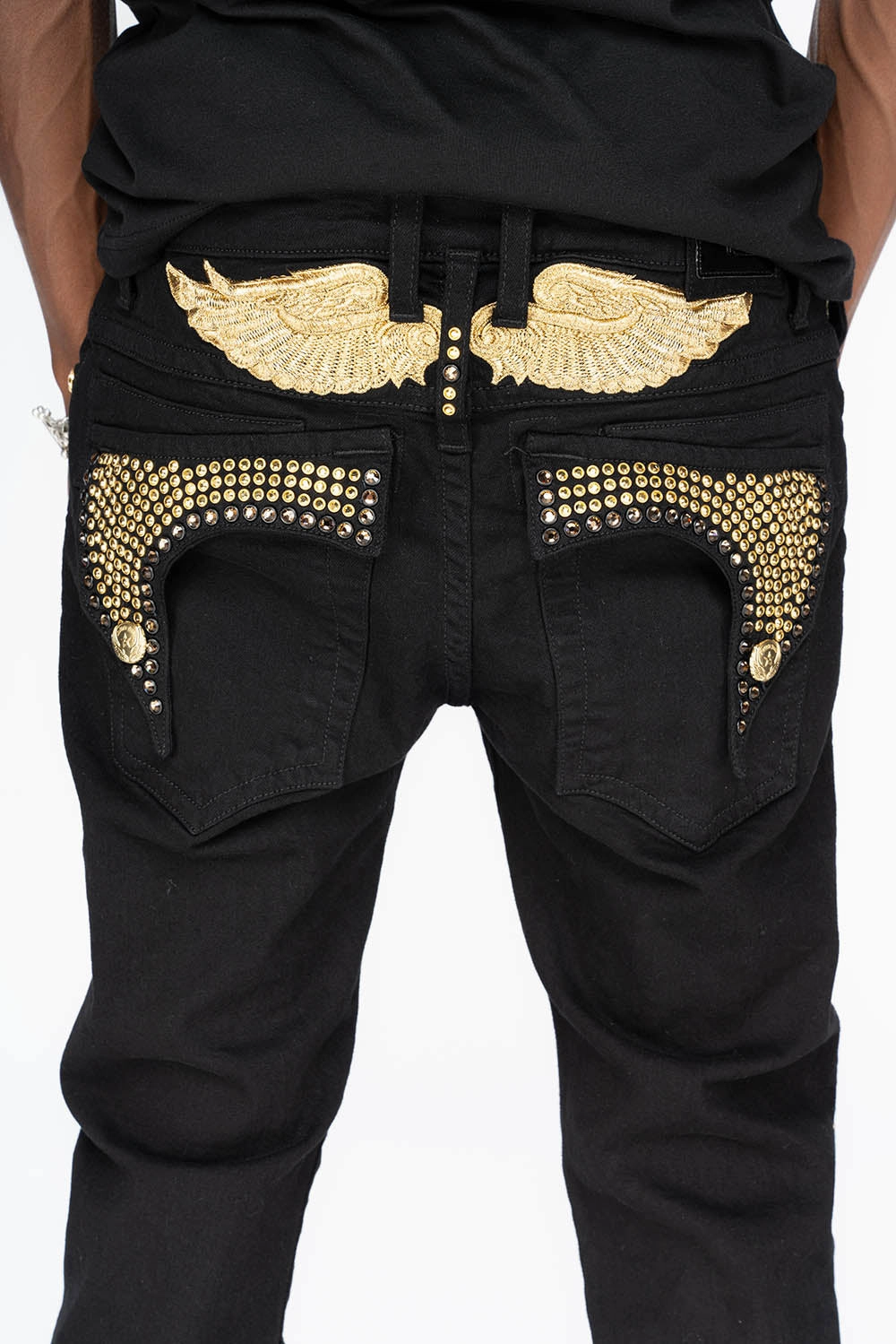 KILLER FLAP MENS SKINNY JEANS IN PURE BLACK WITH GOLD WINGS AND FULL CRYSTAL Comfy Touch Perfect for All