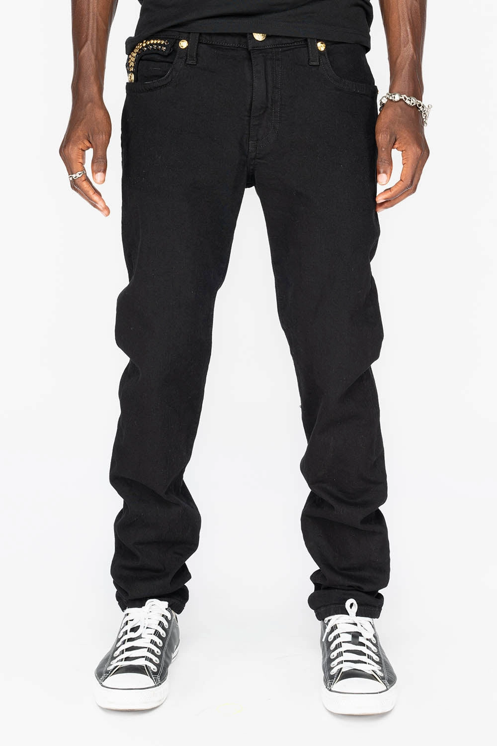 Stretch Fit Denim KILLER FLAP MENS SKINNY JEANS IN PURE BLACK WITH GOLD WINGS AND FULL CRYSTAL