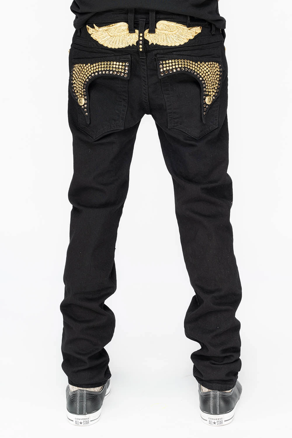 KILLER FLAP MENS SKINNY JEANS IN PURE BLACK WITH GOLD WINGS AND FULL CRYSTAL All Around Distressed Details