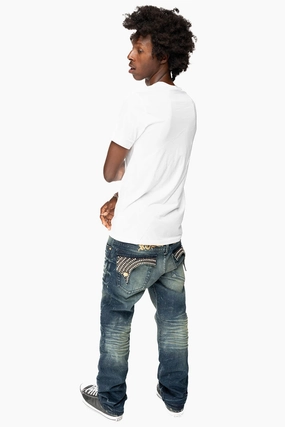 Functional Waistband Utility Fit KILLER FLAP MENS STRAIGHT LEG JEAN IN 4D DARK BLUE WASH WITH STUDS AND CRYSTALS