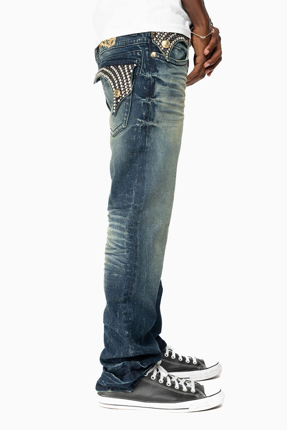 Winter Warmth Outdoor Adventure KILLER FLAP MENS STRAIGHT LEG JEAN IN 4D DARK BLUE WASH WITH STUDS AND CRYSTALS