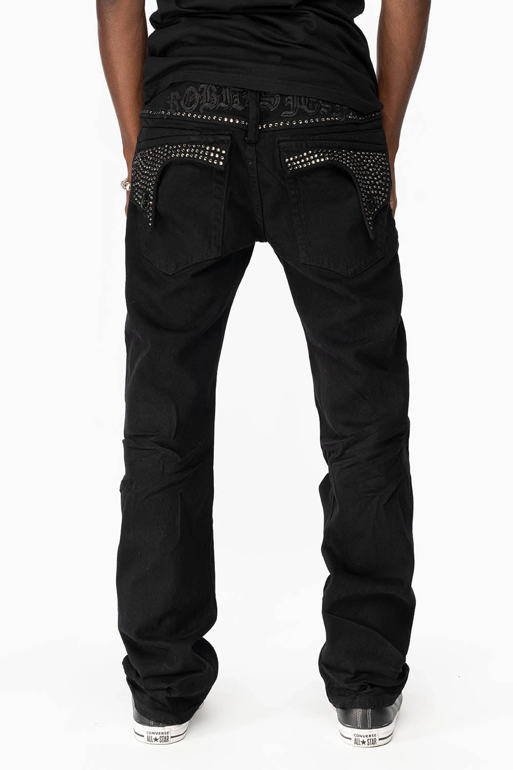 KILLER FLAP MENS STRAIGHT LEG JEAN IN BLACK FULLY EMBELLISHED WITH BLACK DIAMOND CRYSTALS Chic Style Spring Attire