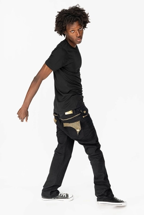KILLER FLAP MENS STRAIGHT LEG JEAN IN  BLACK FULLY EMBELLISHED WITH SMOKEY TOPAZ CRYSTALS Lightweight Morning Stroll Button Fly Option