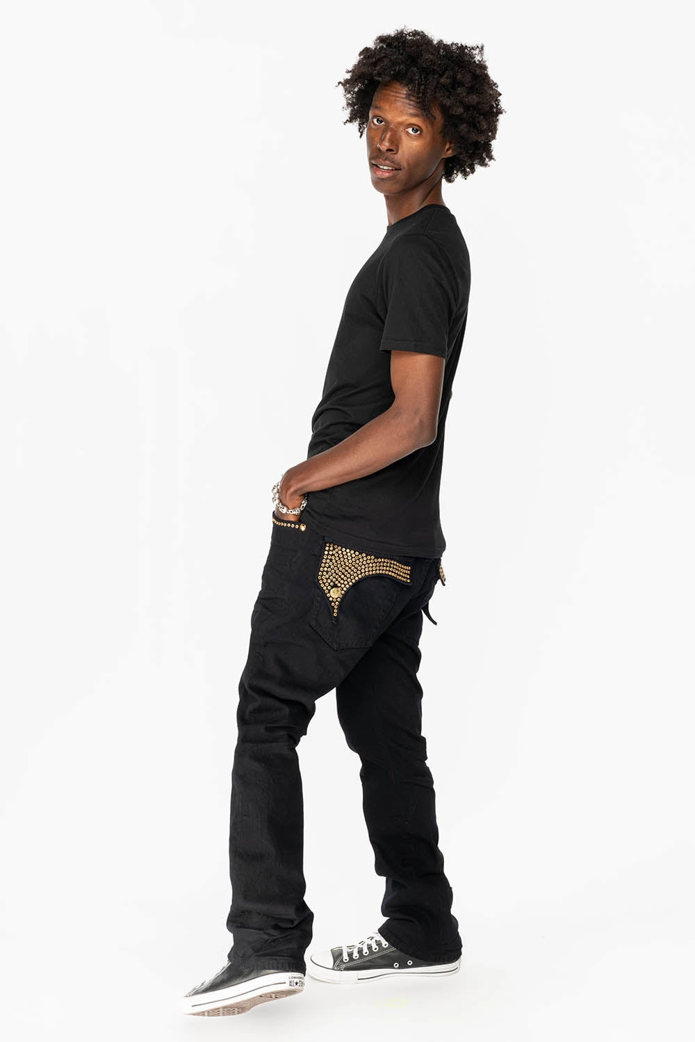 Casual Chic KILLER FLAP MENS STRAIGHT LEG JEAN IN  BLACK FULLY EMBELLISHED WITH SMOKEY TOPAZ CRYSTALS