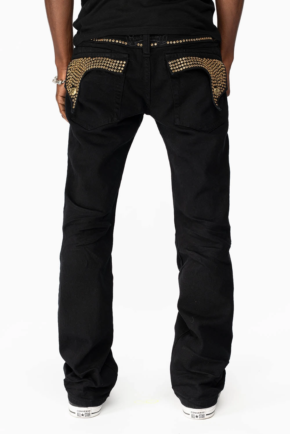 KILLER FLAP MENS STRAIGHT LEG JEAN IN  BLACK FULLY EMBELLISHED WITH SMOKEY TOPAZ CRYSTALS Sustainable Student Outfit Nature Lover Permanent Crease Retention