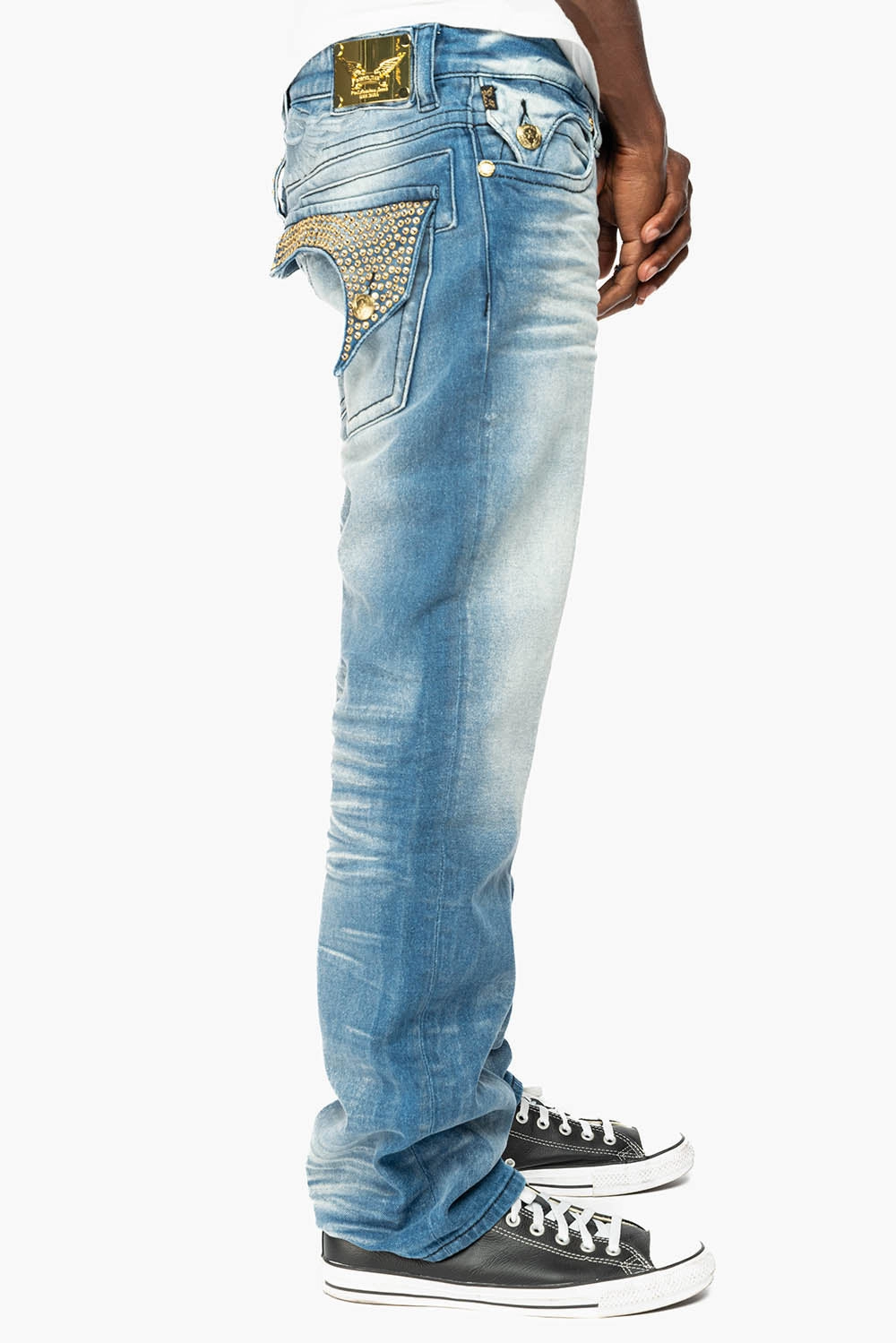 Rainy Day Vintage Lover KILLER FLAP MENS STRAIGHT LEG JEAN IN  BLUE OMAHA MED  FULLY EMBELLISHED WITH CLEAR CRYSTALS