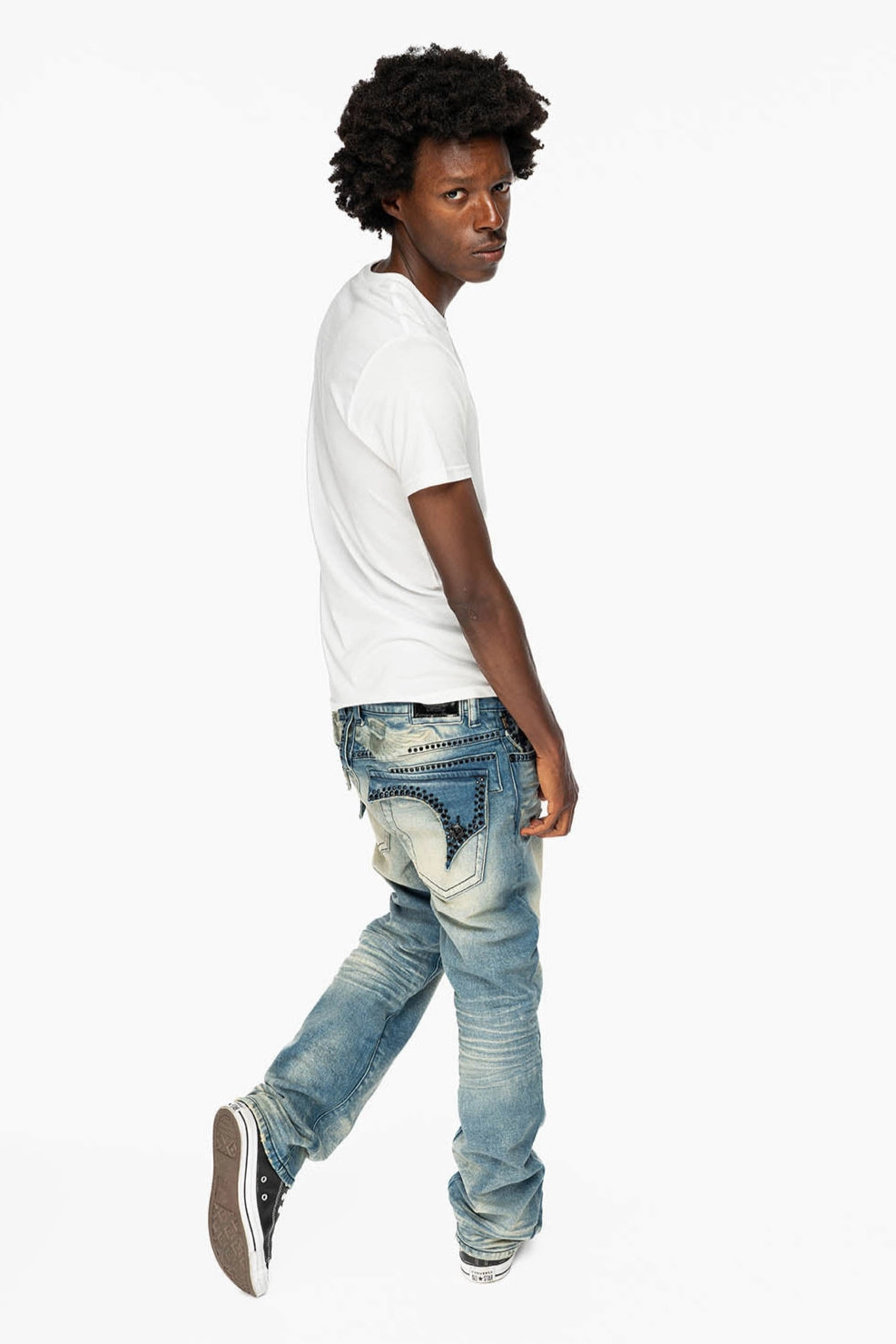 KILLER FLAP MENS STRAIGHT LEG JEAN IN OMAHA TAN BLUE WASH EMBELLISHED WITH JET BLK  CRYSTAL Home Comfort Bold Look Sunny Vibes City Walk Smart Casual