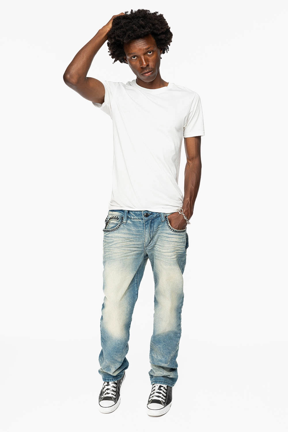 KILLER FLAP MENS STRAIGHT LEG JEAN IN OMAHA TAN BLUE WASH EMBELLISHED WITH JET BLK  CRYSTAL Base Attire