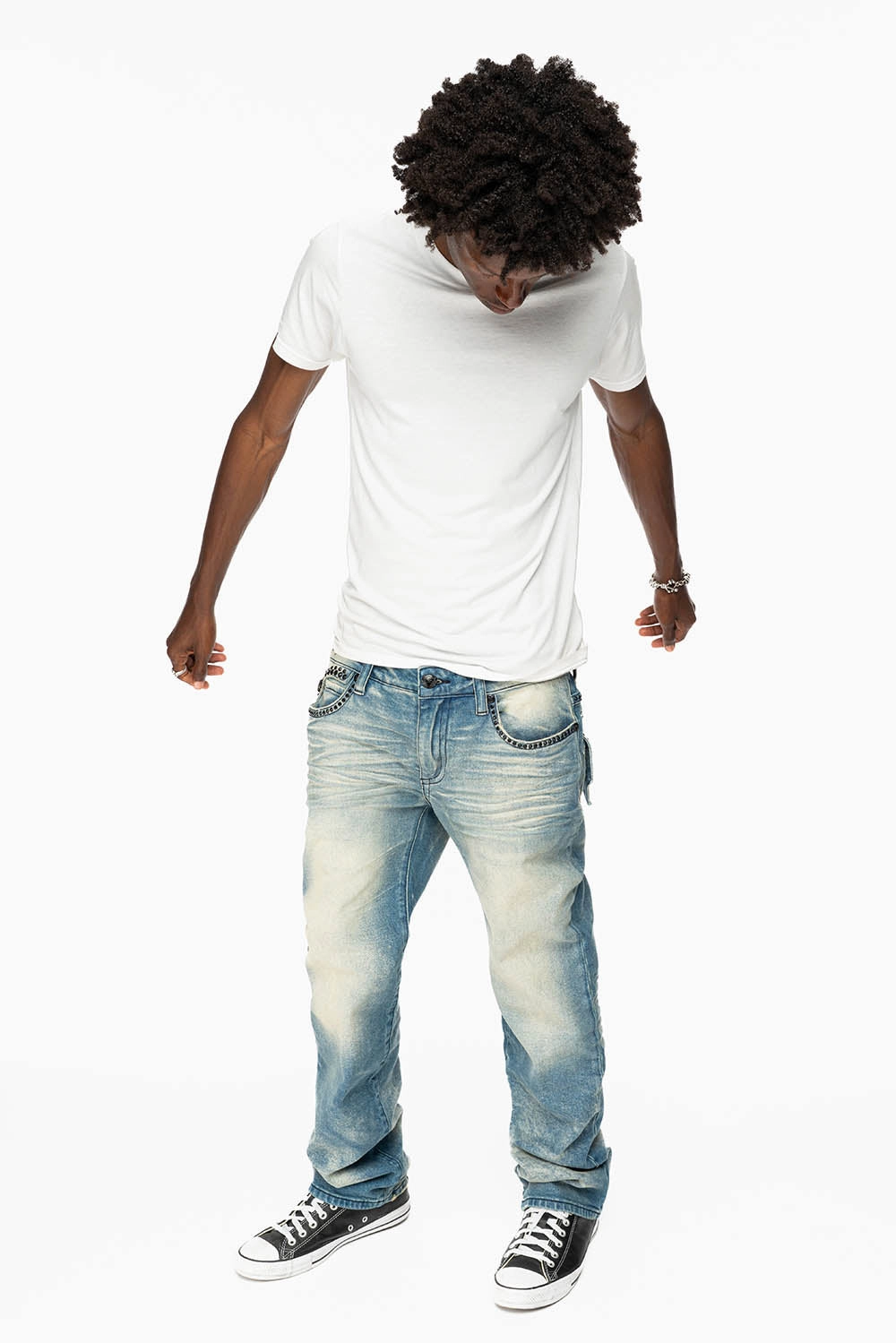 KILLER FLAP MENS STRAIGHT LEG JEAN IN OMAHA TAN BLUE WASH EMBELLISHED WITH JET BLK  CRYSTAL Rainy Day Winter Warmth Autumn Days