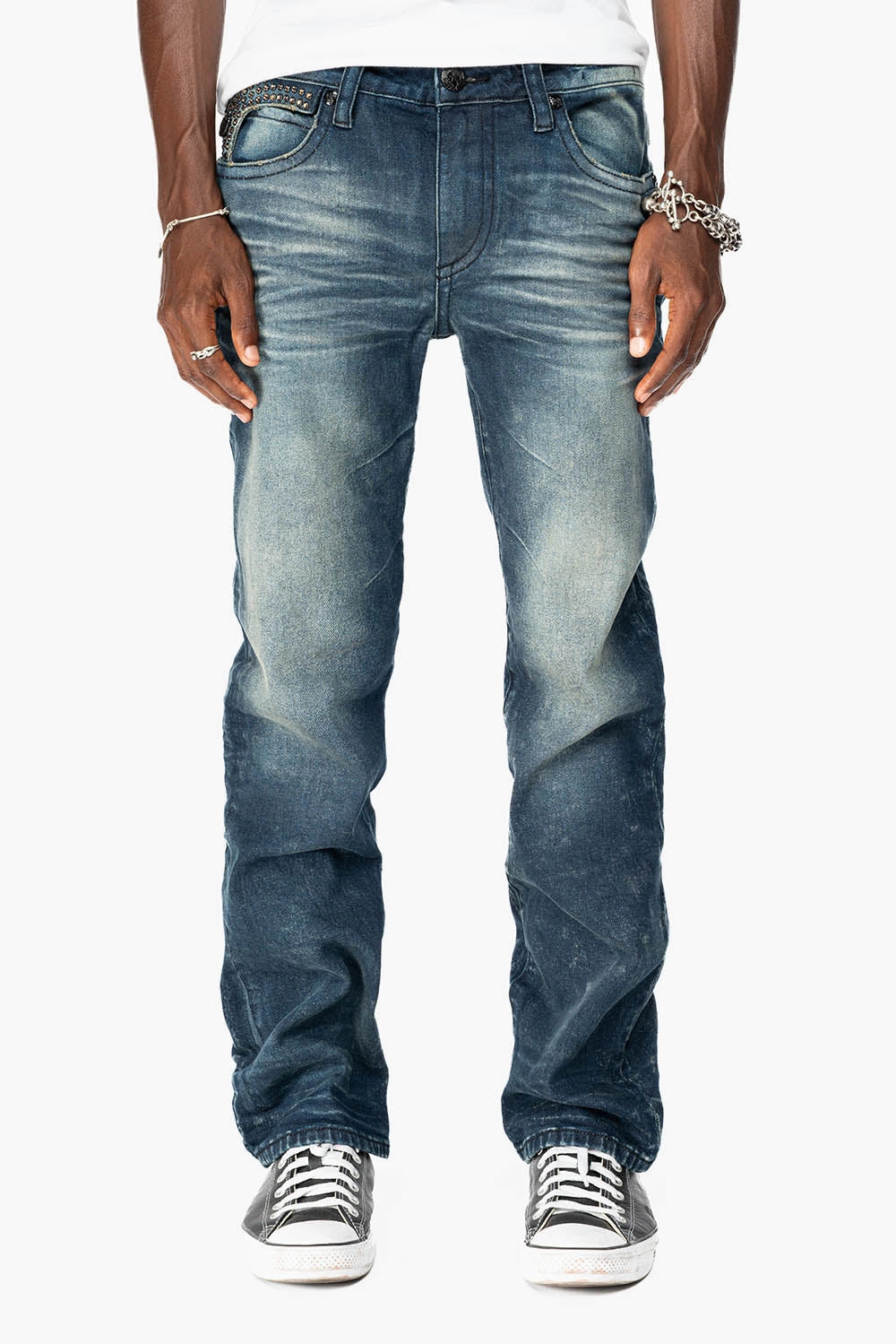 KILLER FLAP MENS STRAIGHT LEG JEANS IN ALBANY DARK  FULLY EMBELLISHED WITH SMOKY TOPAZ CRYSTALS Relaxed Comfort