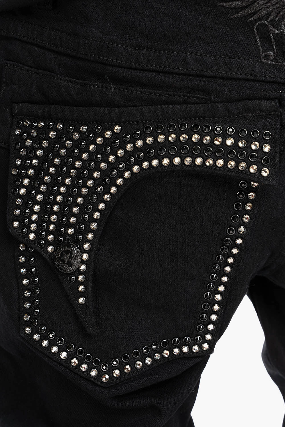 KILLER FLAP SKINNY JEANS IN PURE BLACK WASH WITH CRYSTALS Soft Sustainable Essential Comfort