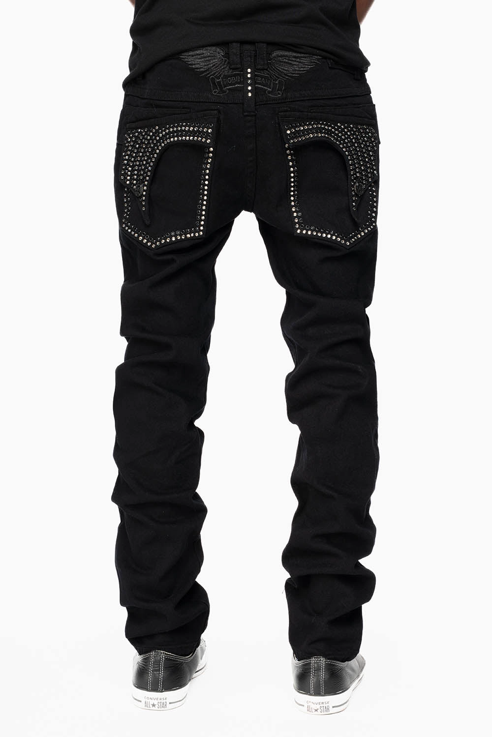 KILLER FLAP SKINNY JEANS IN PURE BLACK WASH WITH CRYSTALS Unisex Wear Premium