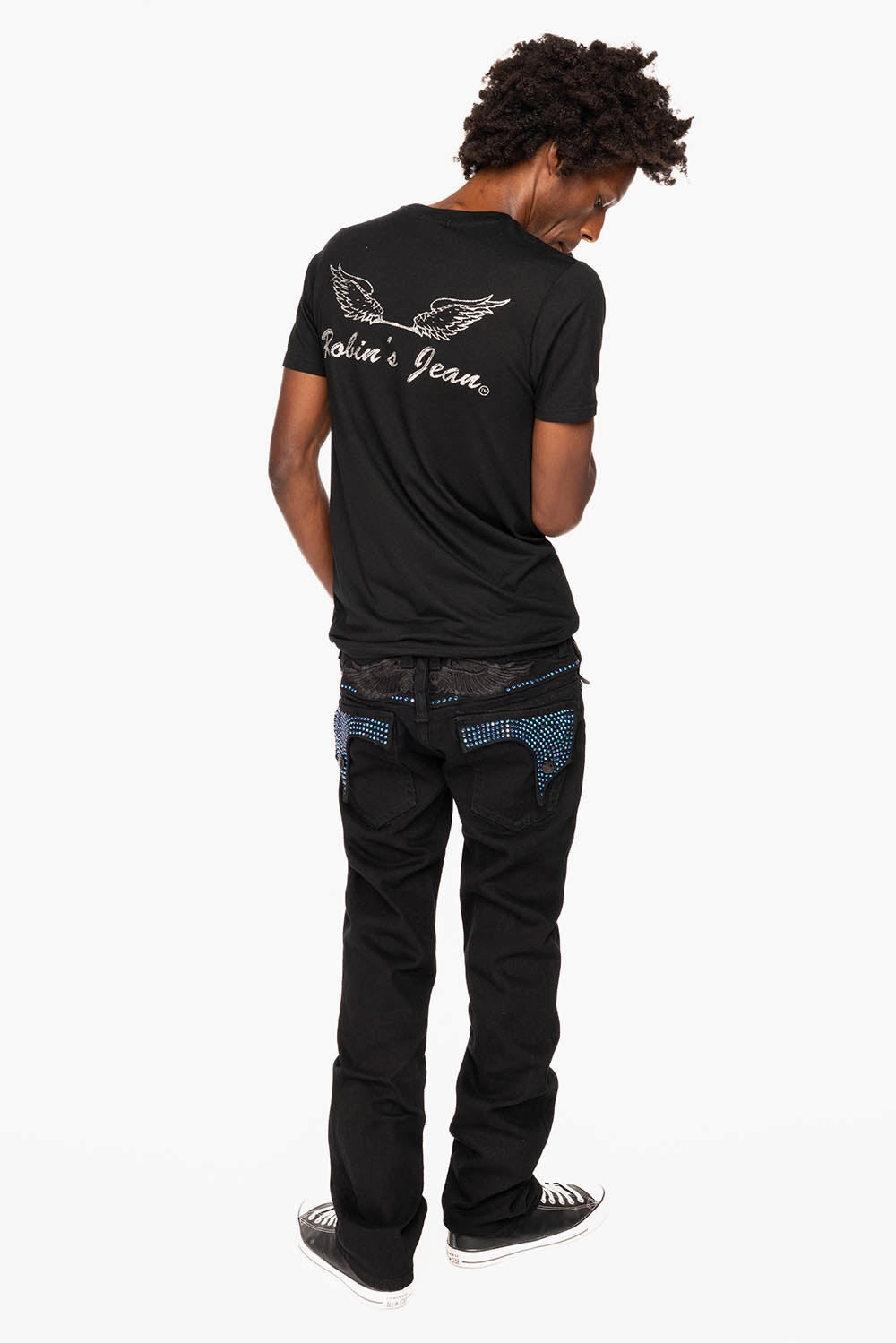 All Day Use KILLER FLAP STRAIGHT JEANS IN PURE BLACK WASH WITH BLUE CRYSTALS
