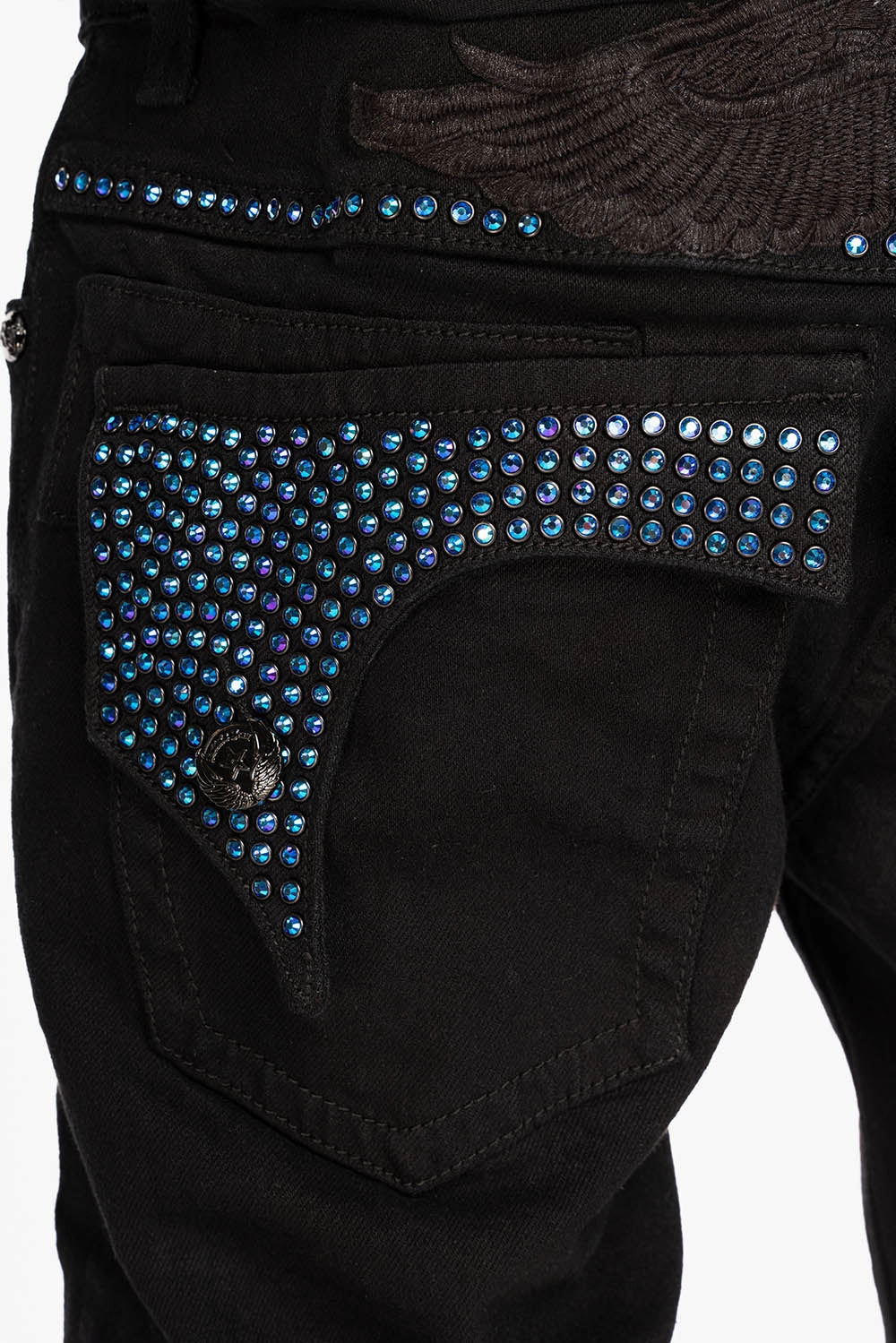 KILLER FLAP STRAIGHT JEANS IN PURE BLACK WASH WITH BLUE CRYSTALS Curved Seam Construction