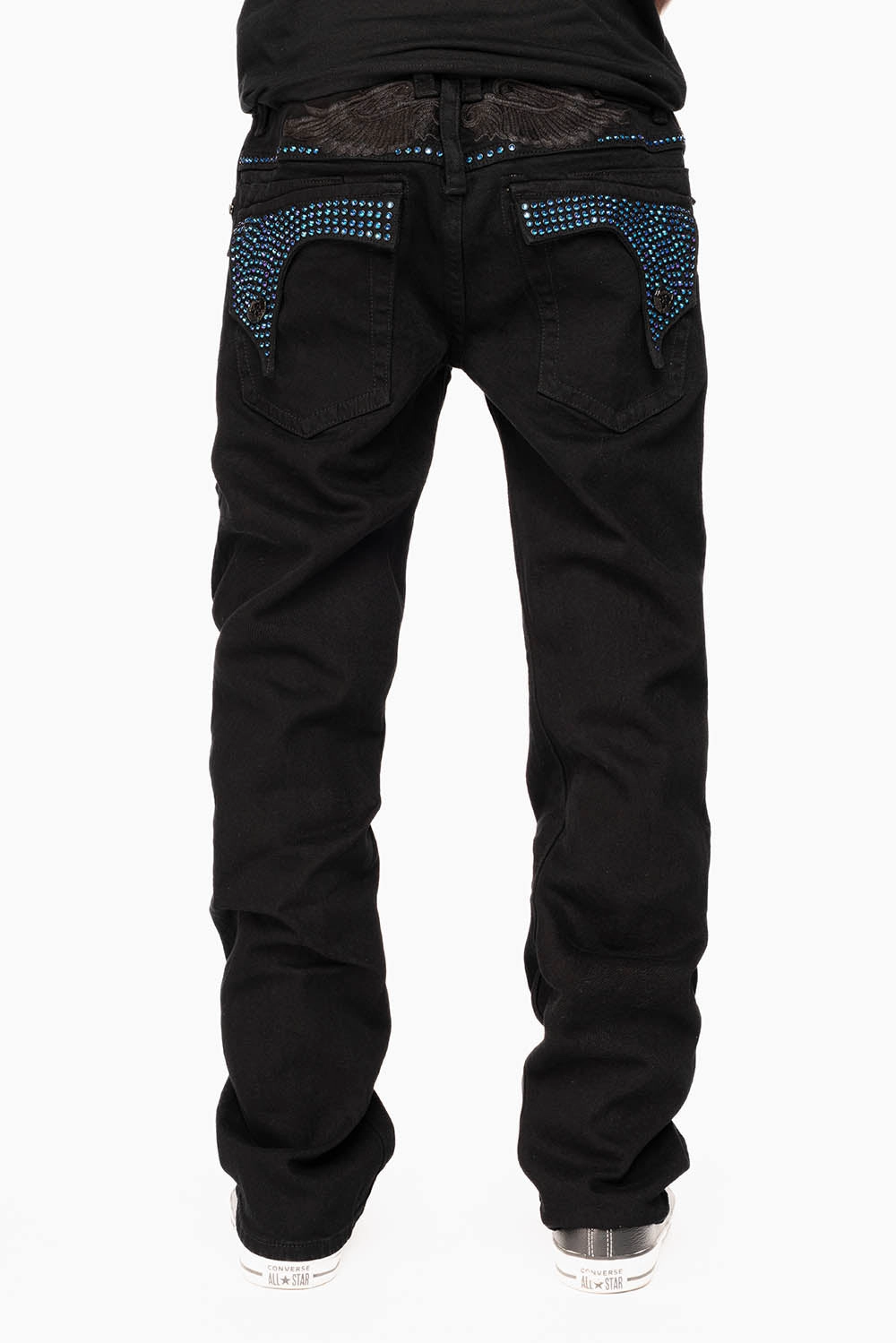 KILLER FLAP STRAIGHT JEANS IN PURE BLACK WASH WITH BLUE CRYSTALS Versatile Winter Warmth
