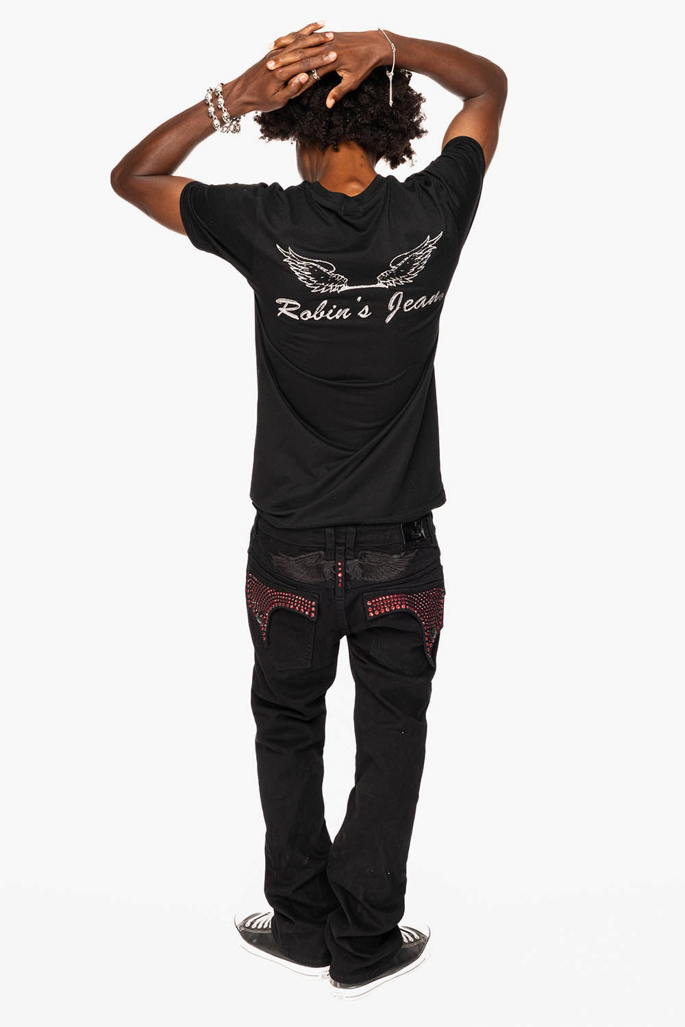 Workwear Ready KILLER FLAP STRAIGHT JEANS IN PURE BLACK WASH WITH RED CRYSTALS