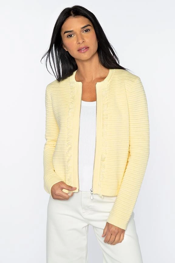 Fringe Trim Zip Cardigan Soft Comfort