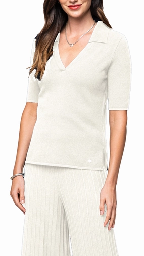 Kyla Piquet-Knit Short Sleeved Polo Top, Beige Casual Sophistication