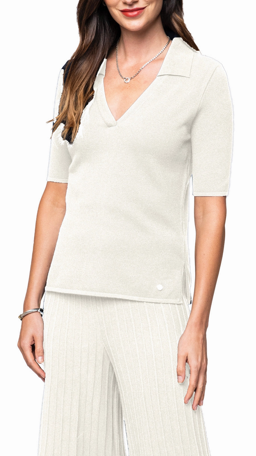 Yoke Design Trendy Outfit Kyla Piquet-Knit Short Sleeved Polo Top, Beige
