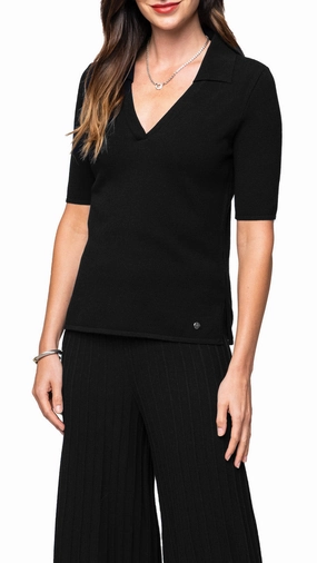 Kyla Piquet-Knit Short Sleeved Polo Top, Black Two Tone Stitching Relaxed Comfort