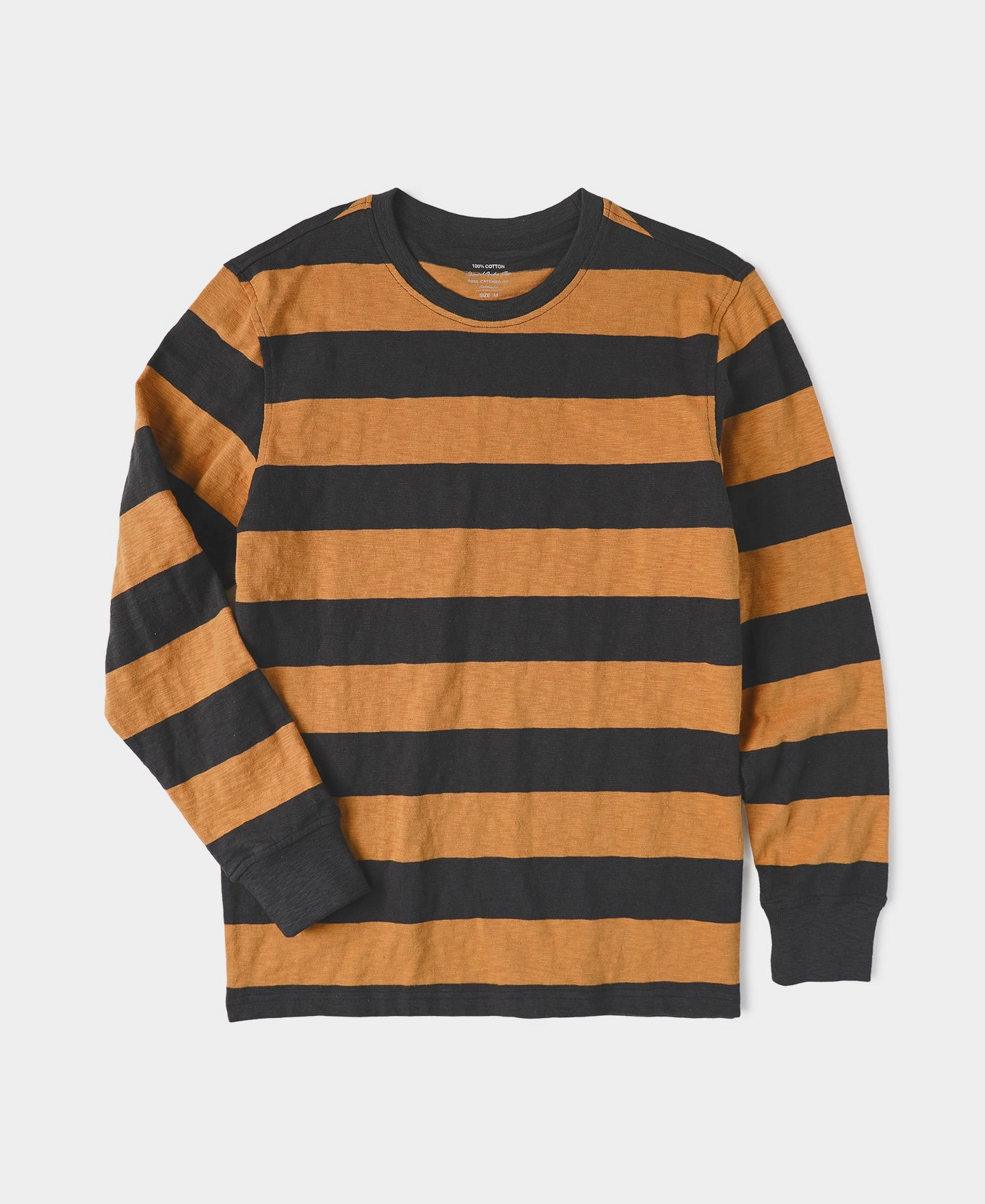 Slub Cotton Wide Striped Long Sleeve T-Shirt - Black/Orange Cozy Flex Boat neck style
