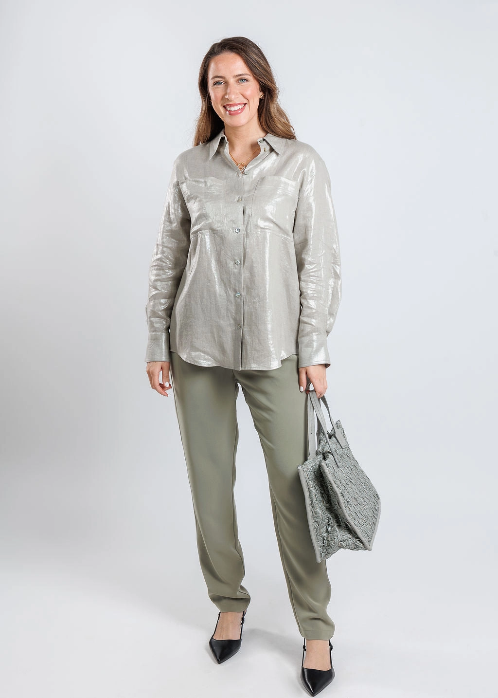 Larix Laminated Linen Blouse - Light Grey Layering Piece