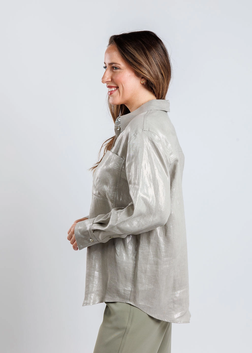 Larix Laminated Linen Blouse - Light Grey networking event