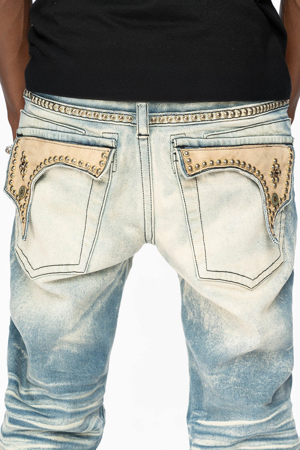 Garment Dyed Technique WESTERN  STRAIGHT LEG JEAN IN OMAHA TAN  WITH SUEDE POCKET EMBELLISHED WITH CRYSTALS/ STUDS