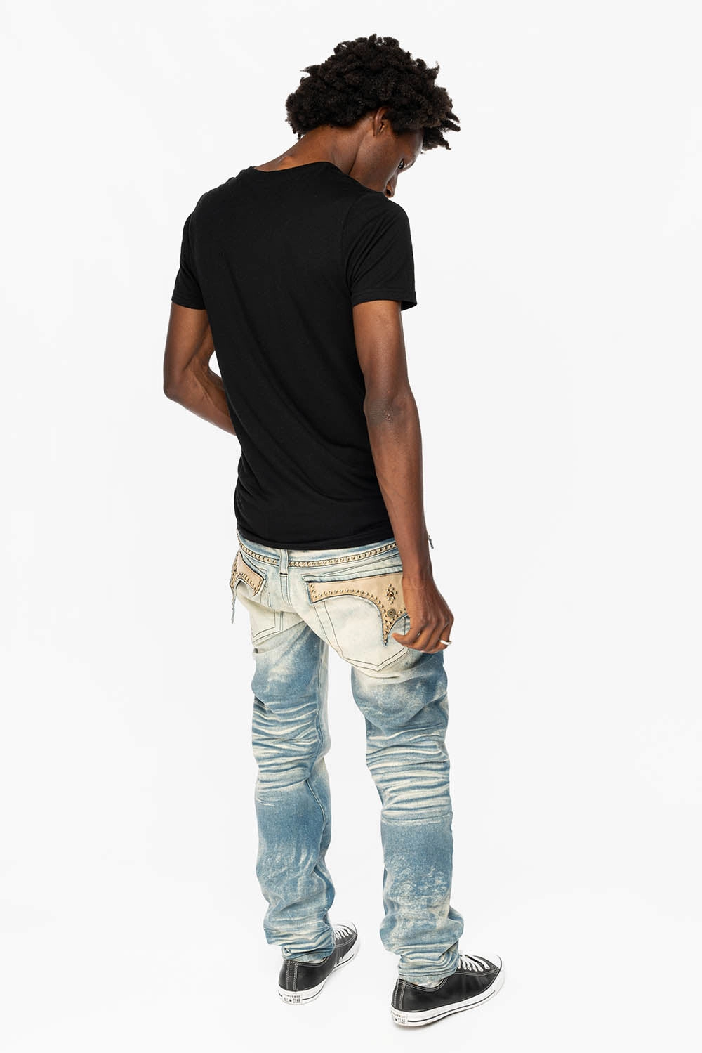 Quality Basic Winter Warmth Minimalist Style Picnic Style WESTERN  STRAIGHT LEG JEAN IN OMAHA TAN  WITH SUEDE POCKET EMBELLISHED WITH CRYSTALS/ STUDS