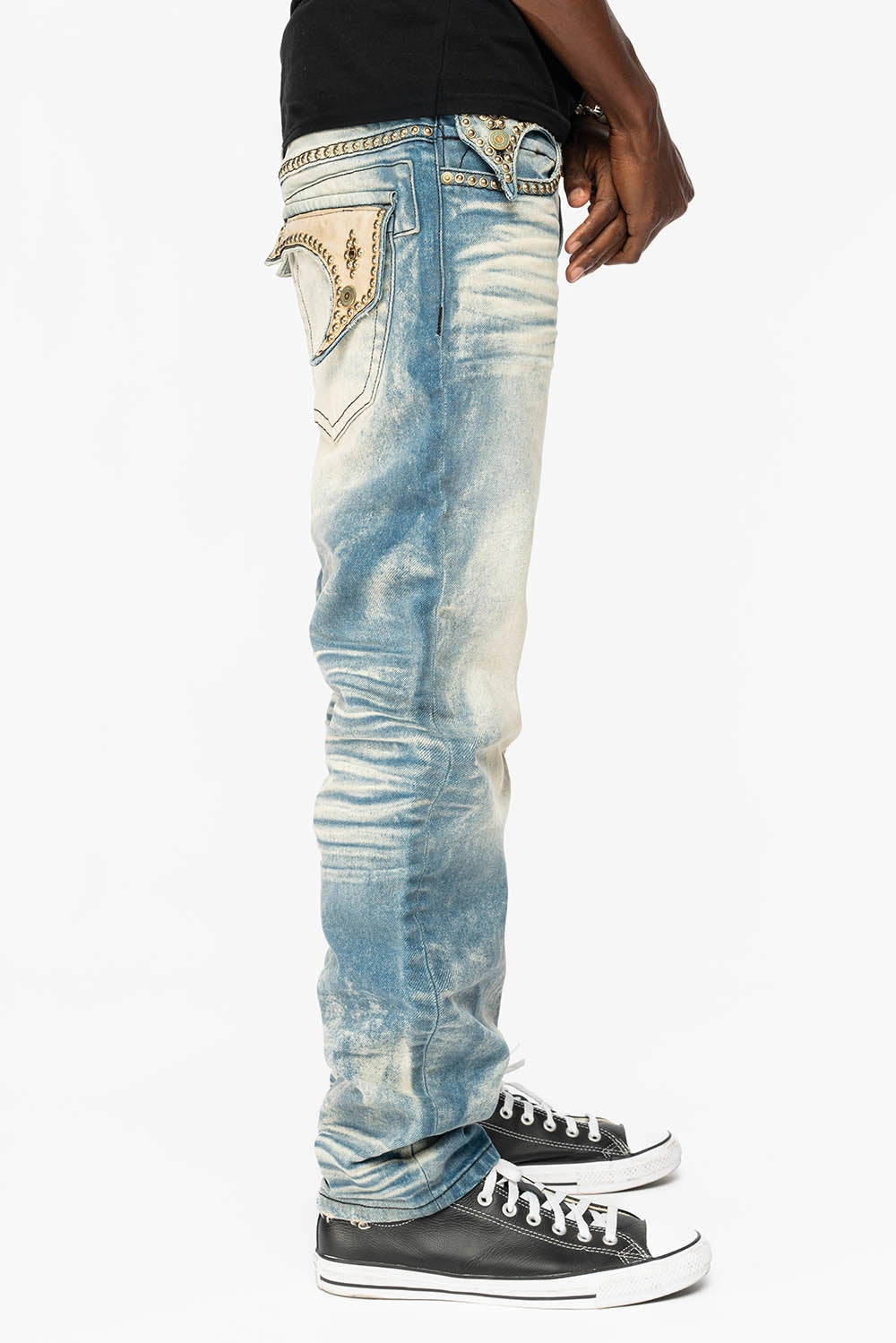 WESTERN  STRAIGHT LEG JEAN IN OMAHA TAN  WITH SUEDE POCKET EMBELLISHED WITH CRYSTALS/ STUDS Classic Style