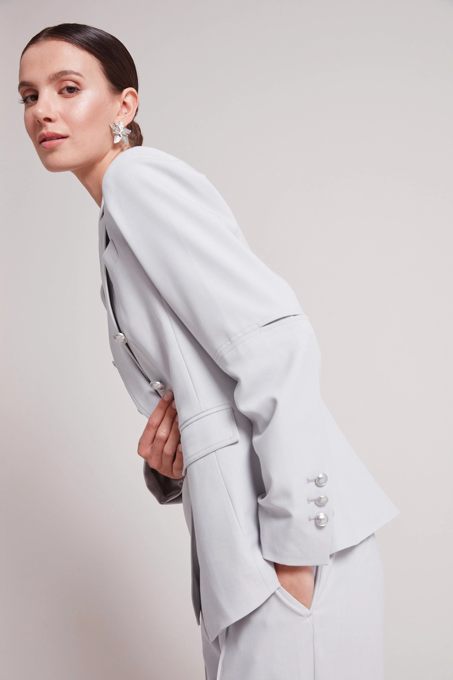 Anti Slip Shoulder James Double Breasted Signature Stretch Blazer - Light Grey