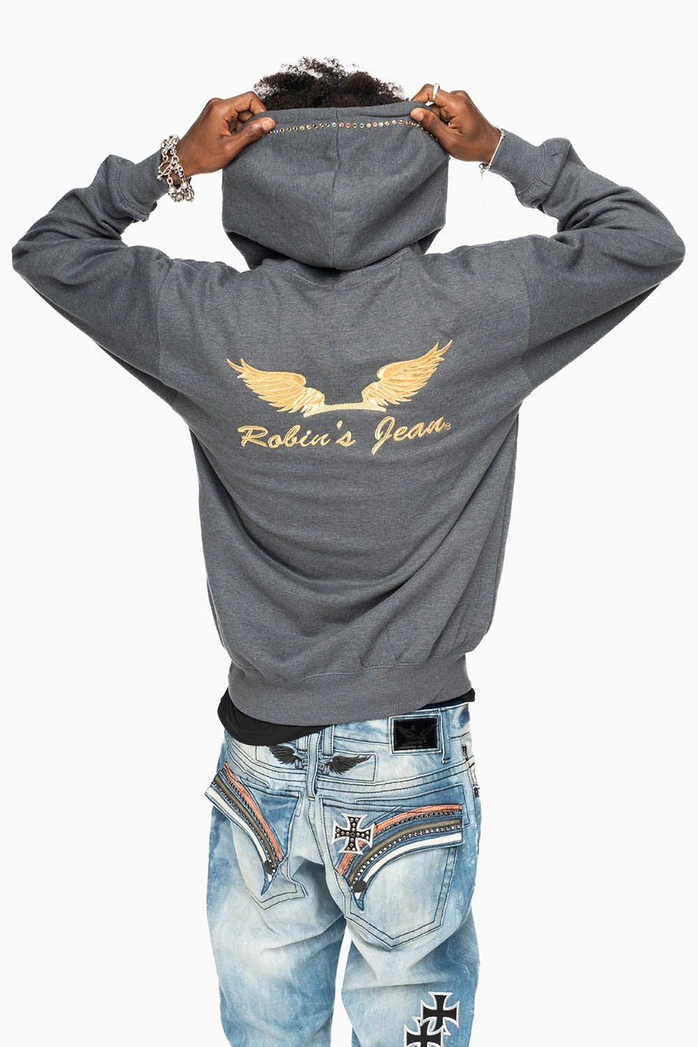 ROBIN??S JEAN PULLOVER HOODIE IN DARK HEATHER EMBELLISHED WITH MULTI-COLOR CRYSTALS Classic Fit Cozy Hoodie