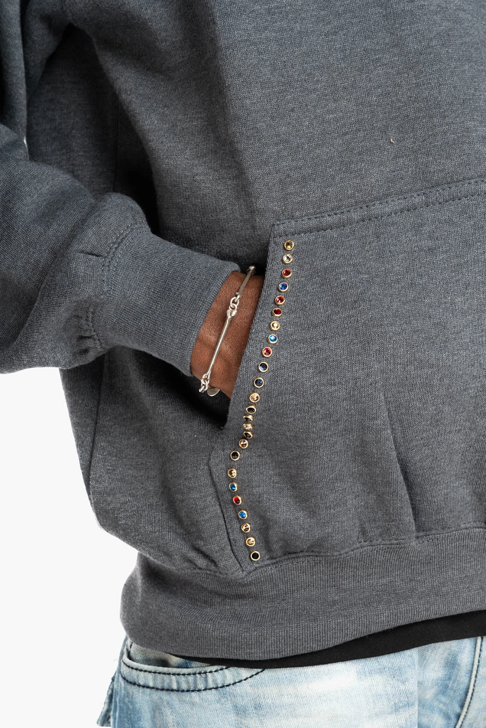 ROBIN??S JEAN PULLOVER HOODIE IN DARK HEATHER EMBELLISHED WITH MULTI-COLOR CRYSTALS pattern trend