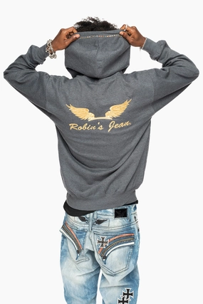 ROBIN??S JEAN PULLOVER HOODIE IN DARK HEATHER EMBELLISHED WITH MULTI-COLOR CRYSTALS Classic Fit Cozy Hoodie