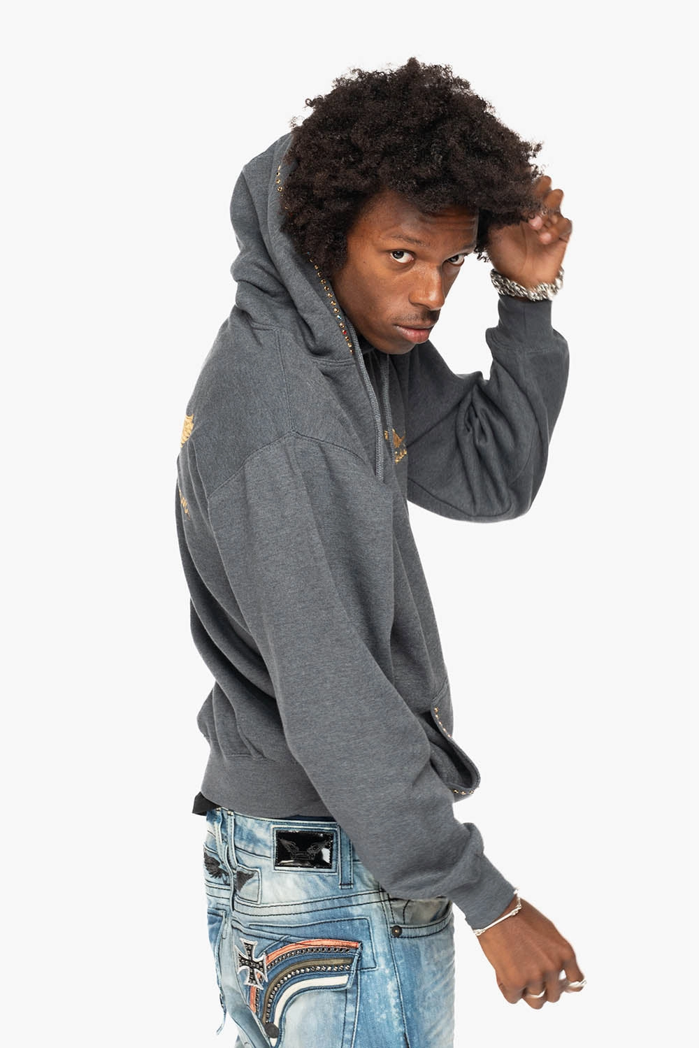 Essential Chic ROBIN??S JEAN PULLOVER HOODIE IN DARK HEATHER EMBELLISHED WITH MULTI-COLOR CRYSTALS