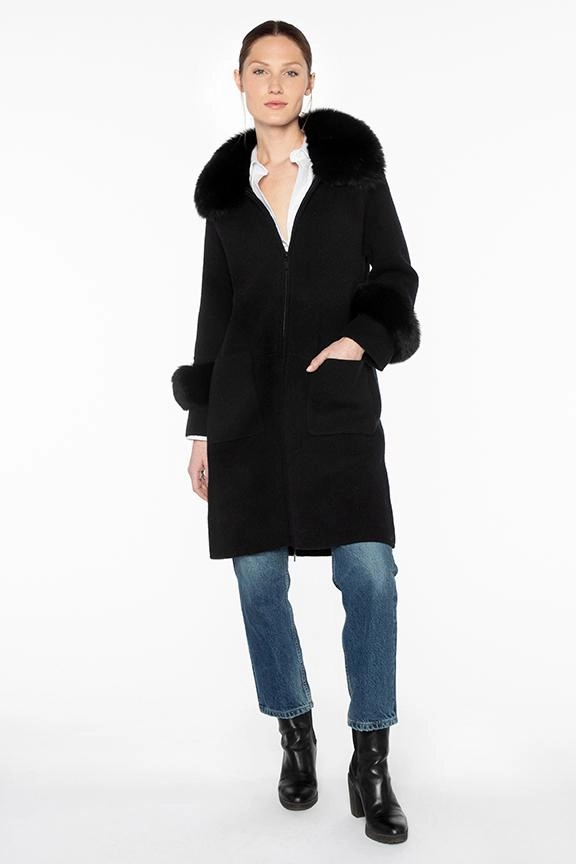 Subtle Texture Detail All-Weather Comfort Fur Trim Long Zip Cardigan