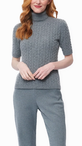 Lea Short Sleeved Cable-Knit Turtleneck - Gray Casual Wear