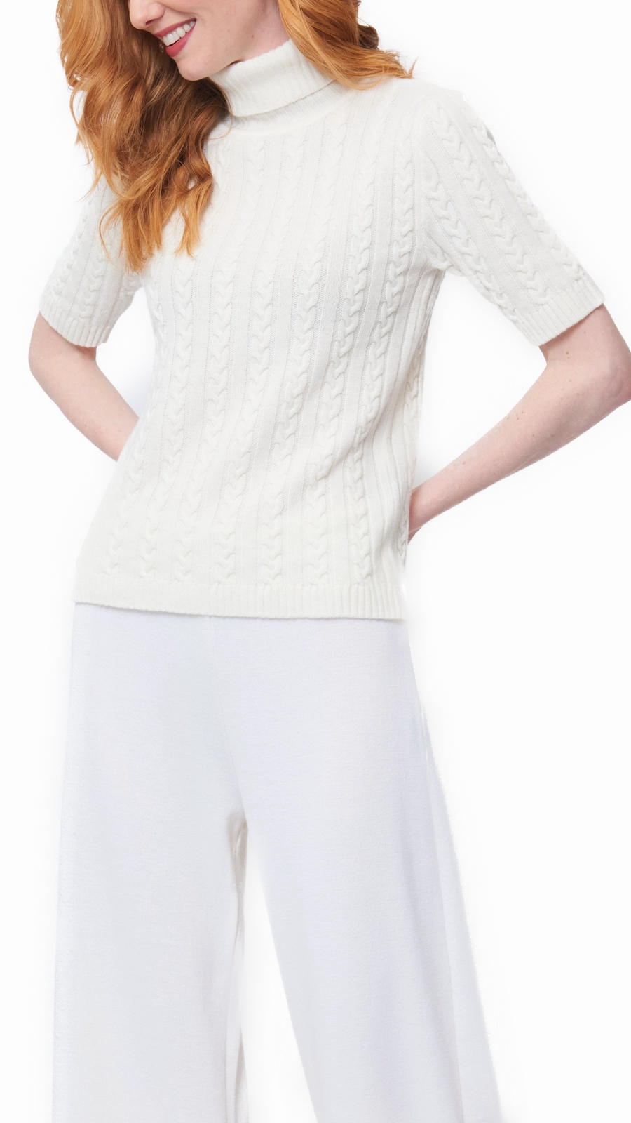 Lea Short Sleeved Cable-Knit Turtleneck - Winter White Essential Fit Hooded Option