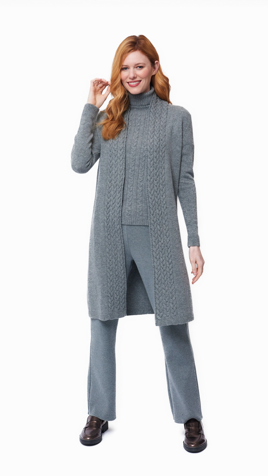 Leana Cable-Knit Belted Coat - Gray Stretchable Cuffs EcoFriendly Dye