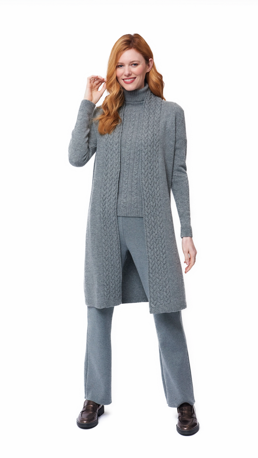 Sustainable Packaging Leana Cable-Knit Belted Coat - Gray