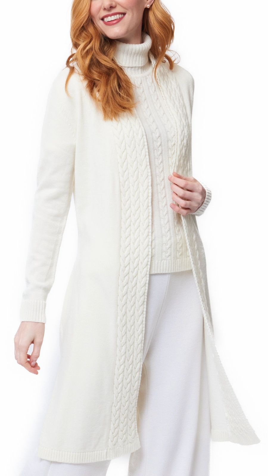 Leana Cable-Knit Belted Coat - Winter White Go Anywhere Wear