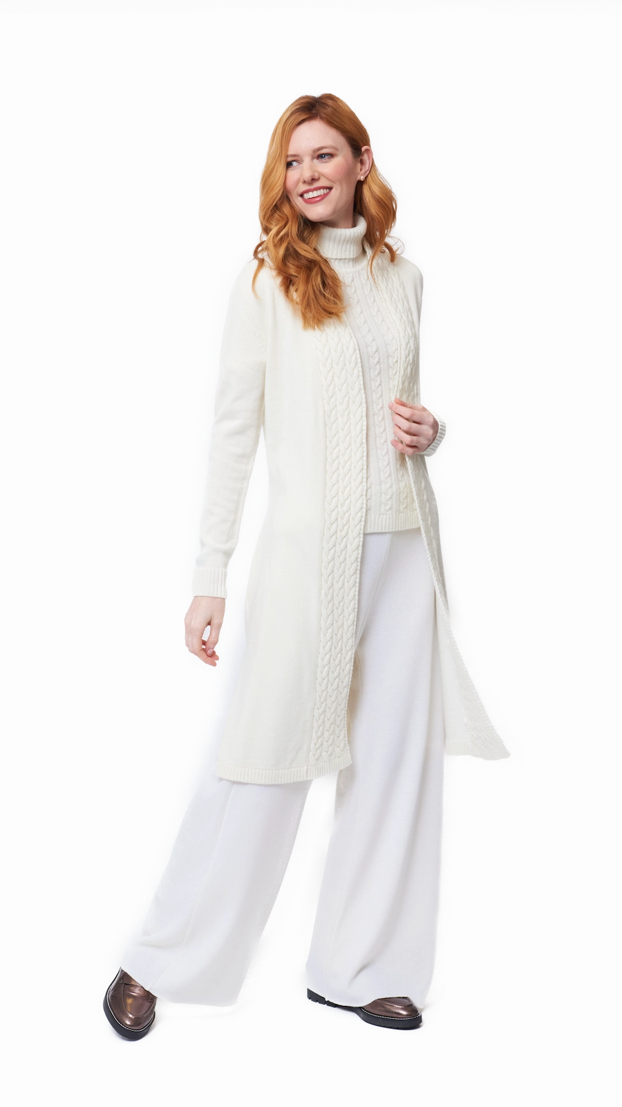 Leana Cable-Knit Belted Coat - Winter White Flexible Layer Fit