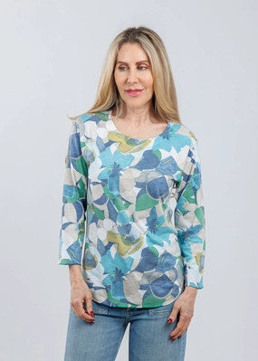 High Neck Daytime Look Lexi 3/4 Sleeve Tee - Blue Multi