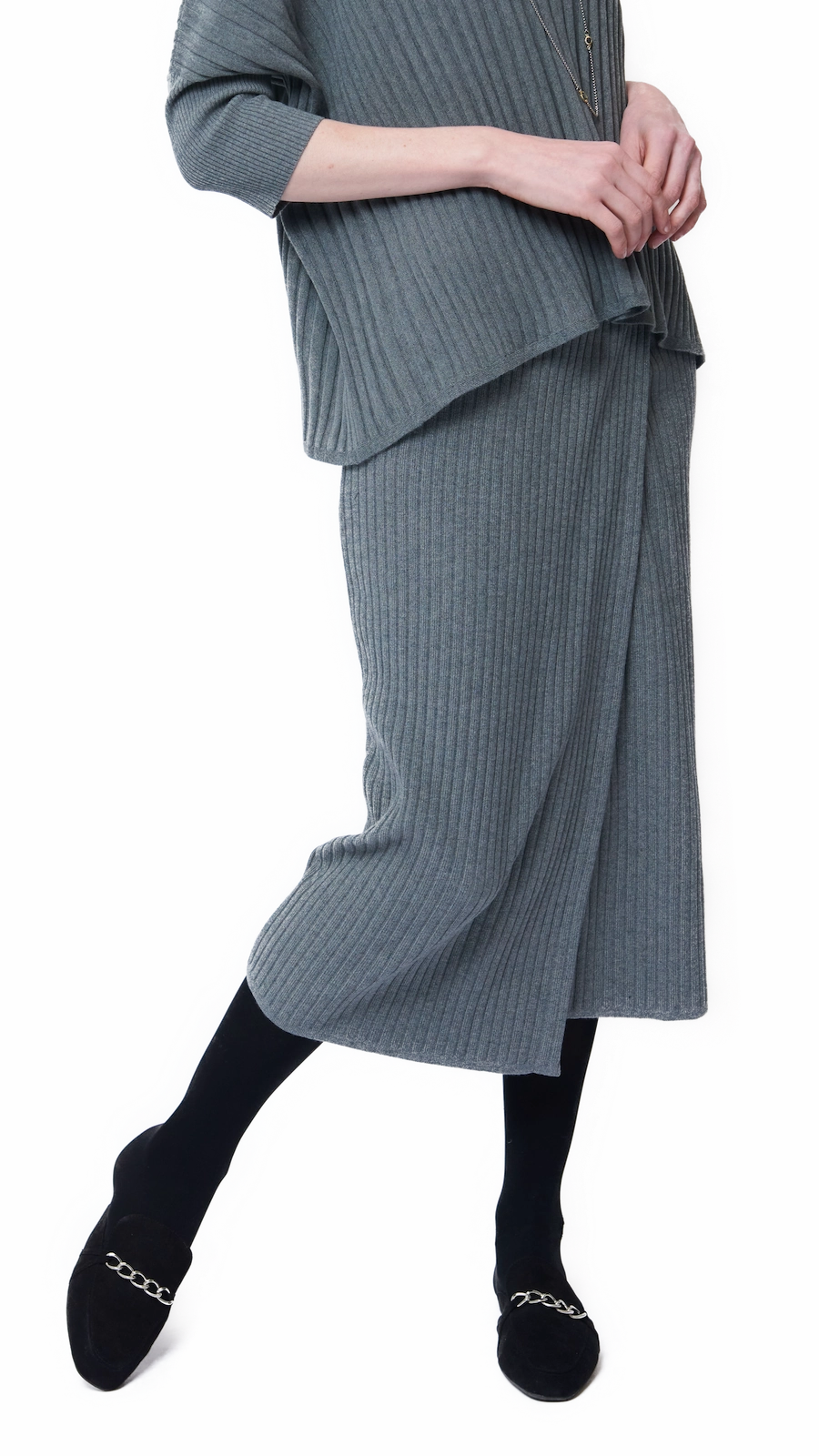 Lexi Rib-Knit Midi Wrap Skirt - Gray Performance Outfit