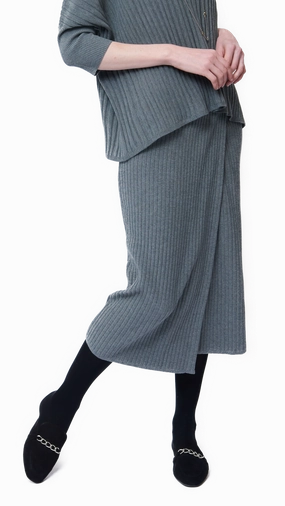 Soft Finish Sturdy Waistband Lexi Rib-Knit Midi Wrap Skirt - Gray