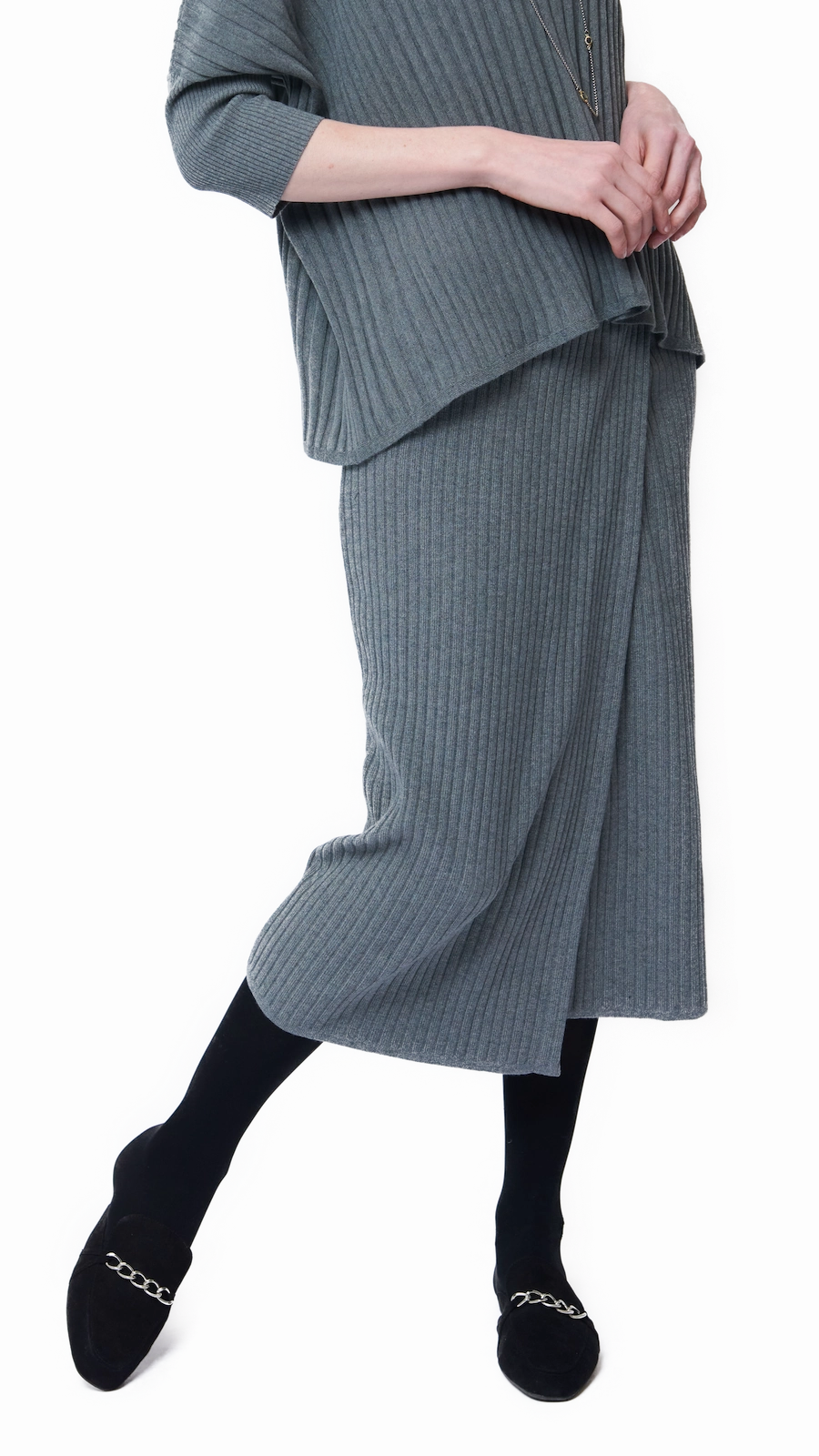 Soft Finish Sturdy Waistband Lexi Rib-Knit Midi Wrap Skirt - Gray