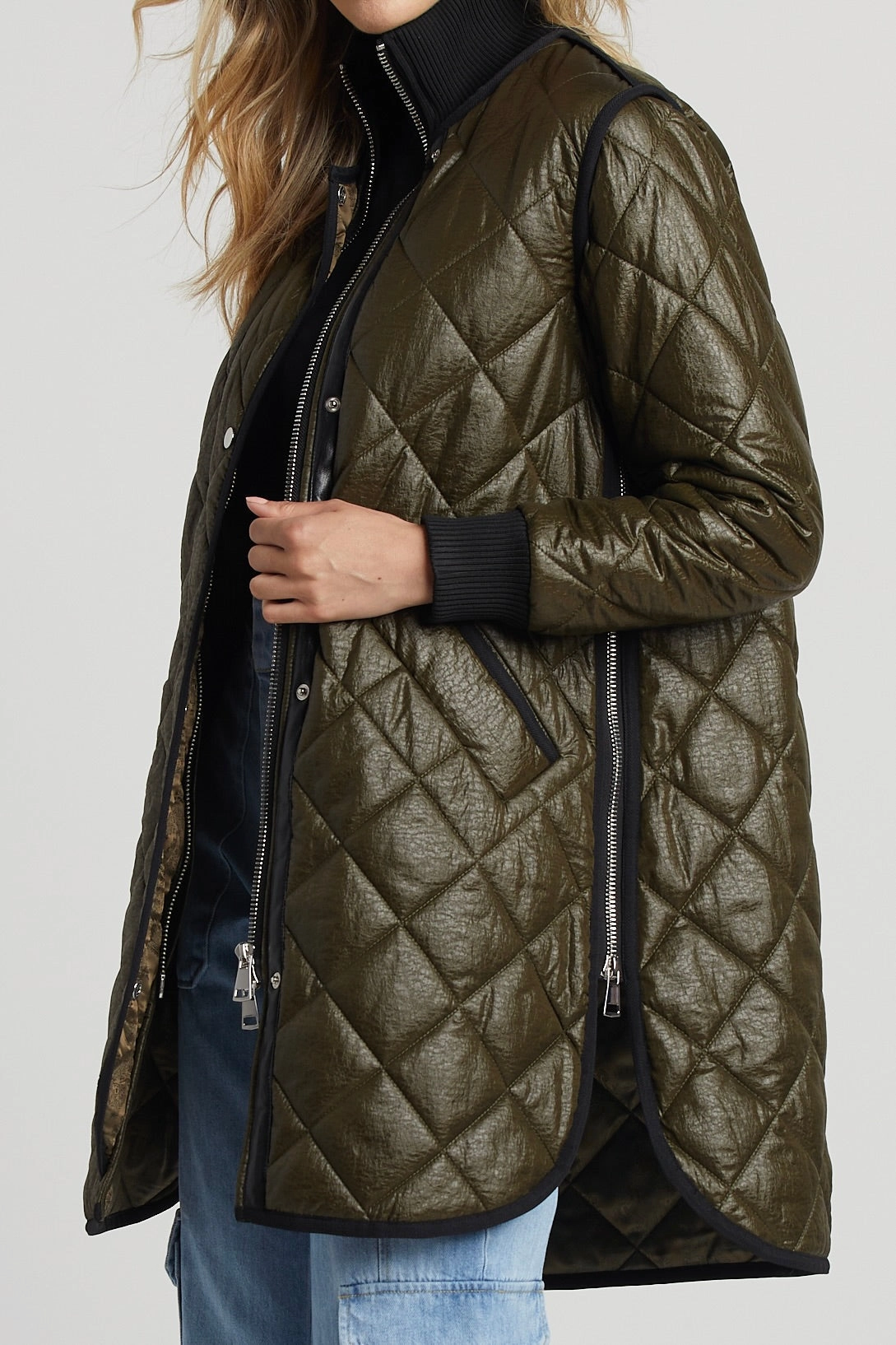 Multi Pocket Libby Quilted Full Zip Coat - Army Green